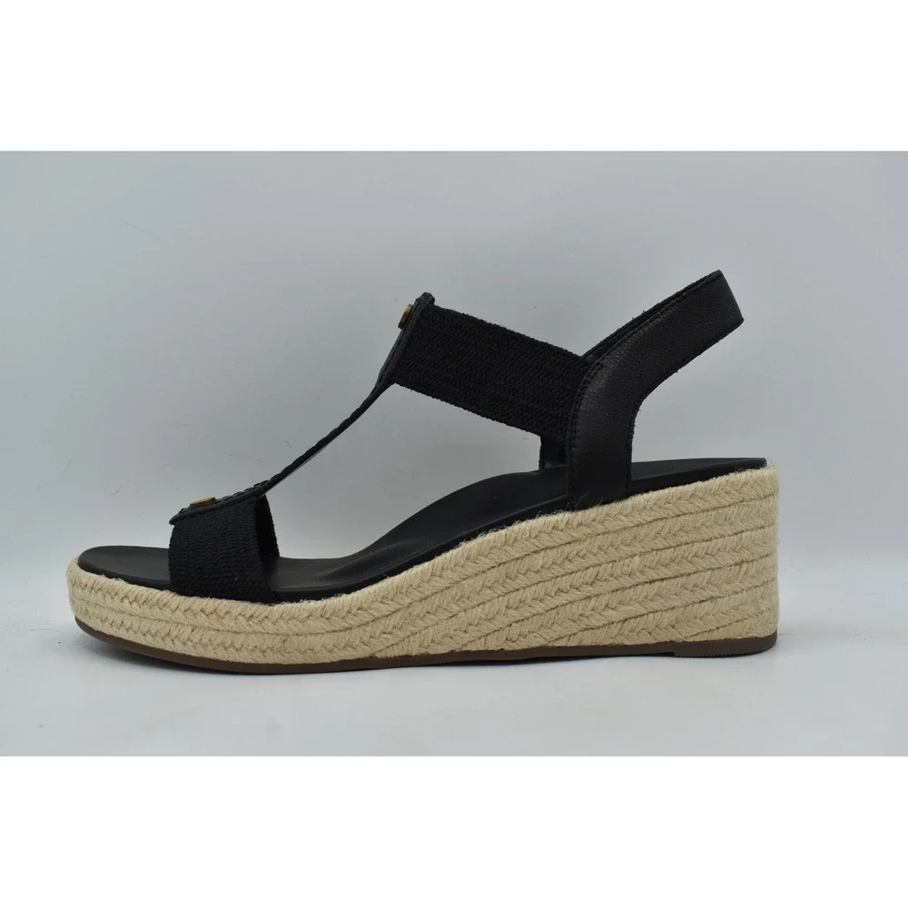 Vionic Women Size 11 Calera Black Leather Stretch Espadrille Wedge Sandals Shoes